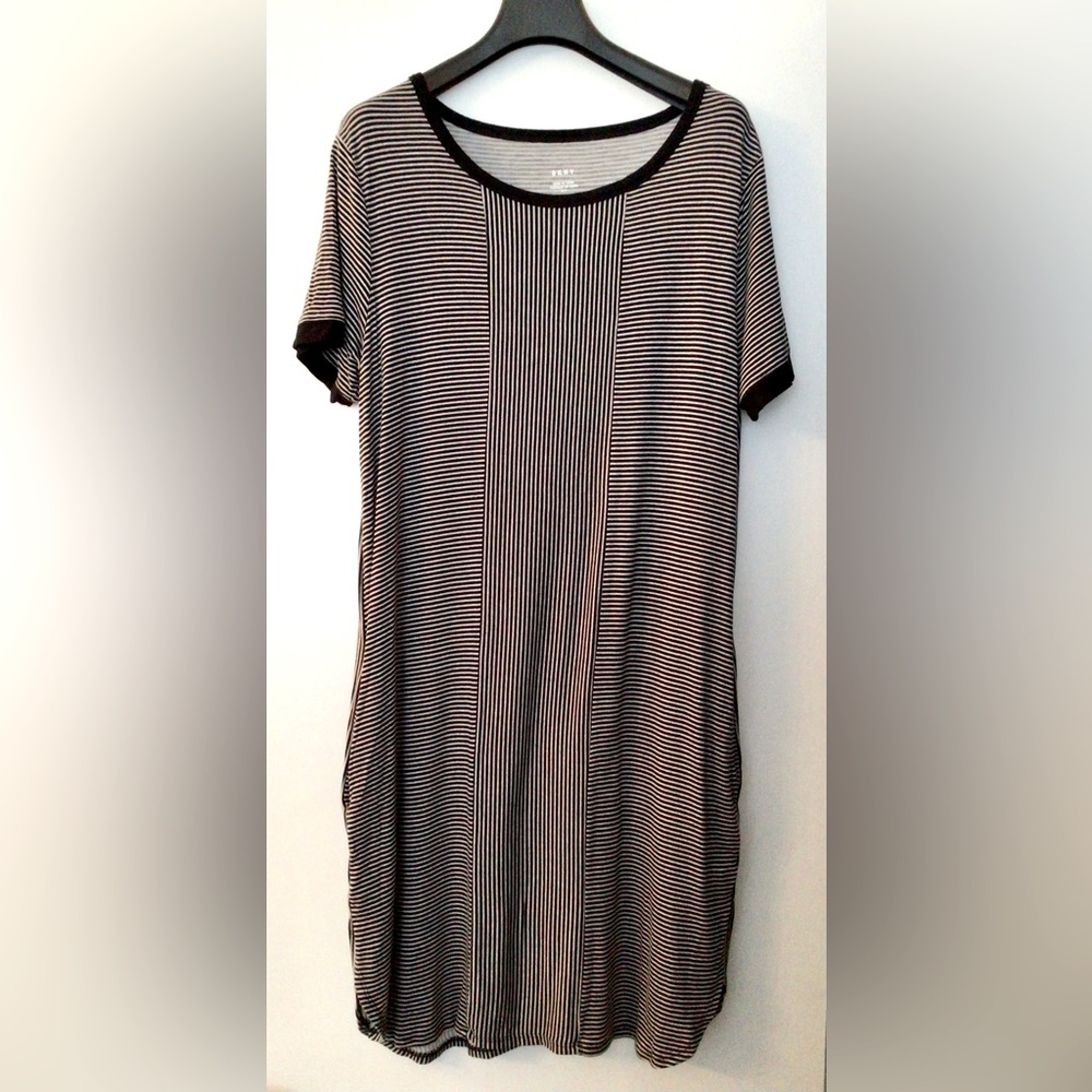 DKNY Black White Striped Jersey T-Shirt Dress with side pockets - Small